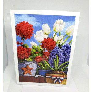 Janet Stever Floral Red White Blue Ribbon Pot Patriotic Greeting Card